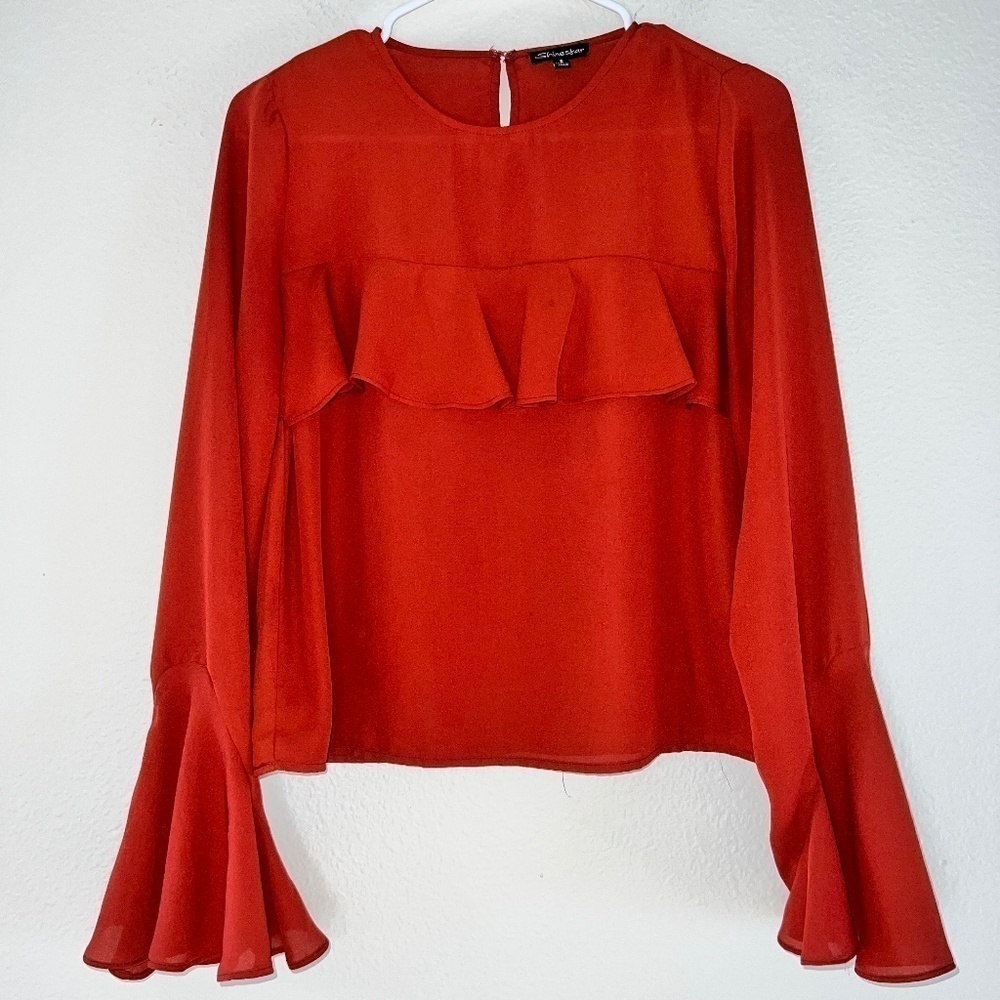 Shinestar Orange Flutter Long Sleeve Ruffle Chiffon Blouse women's size small